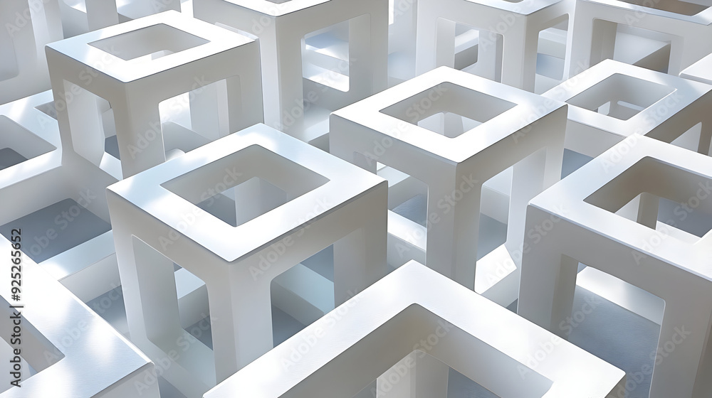 Poster a collection of white, geometric cube structures arranged in a pattern.