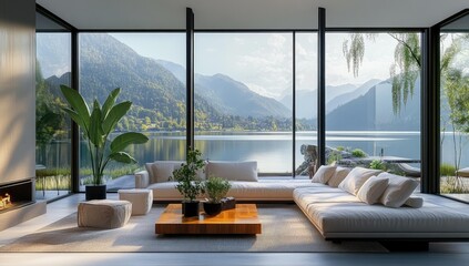 Modern living room overlooking a lake and mountains.