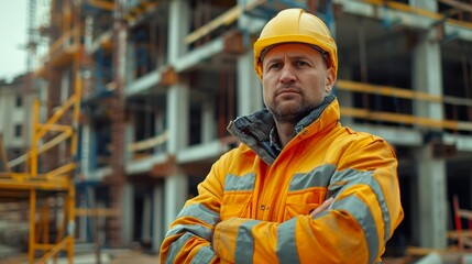 Confident construction worker wearing a yellow hard hat and safety jacket stands in front of an unfinished building ideal for promoting workplace safety, construction projects