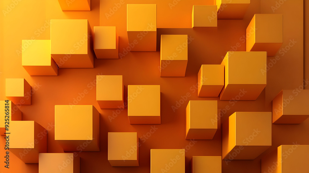 Poster a collection of yellow cubes arranged in a dynamic pattern on an orange background.