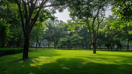 Lush green park with vibrant trees and sunlight filtering through the leaves