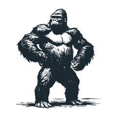 The gorilla enjoying drinking. Black white vector illustration.
