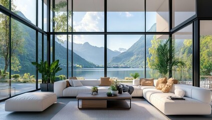 Modern living room with lake and mountain view.