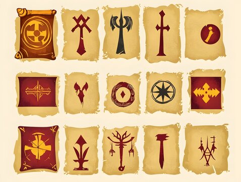 Collection of 18 unique symbols on old paper scrolls, perfect for fantasy, medieval, and historical designs.