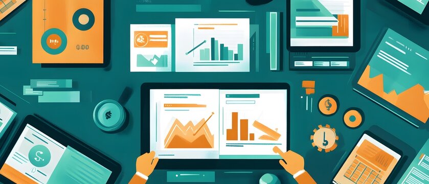 Data analysis charts and graphs on a teal background.