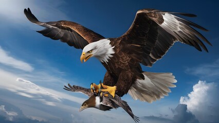 Fototapeta premium Bald Eagle Flying in Blue Sky with Prey in Talons, Real Photo, Pattern Background, Wallpaper, Cover and Screen for Smartphone, Cell Phone, Computer, Laptop