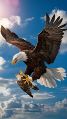 Fototapeta premium Bald Eagle Flying in Blue Sky with Prey in Talons, Real Photo, Pattern Background, Wallpaper, Cover and Screen for Smartphone, Cell Phone, Computer, Laptop