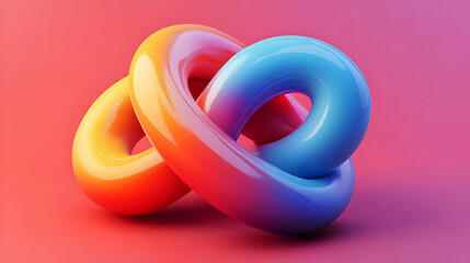 A colorful 3D rendering of intertwined shapes on a gradient background.