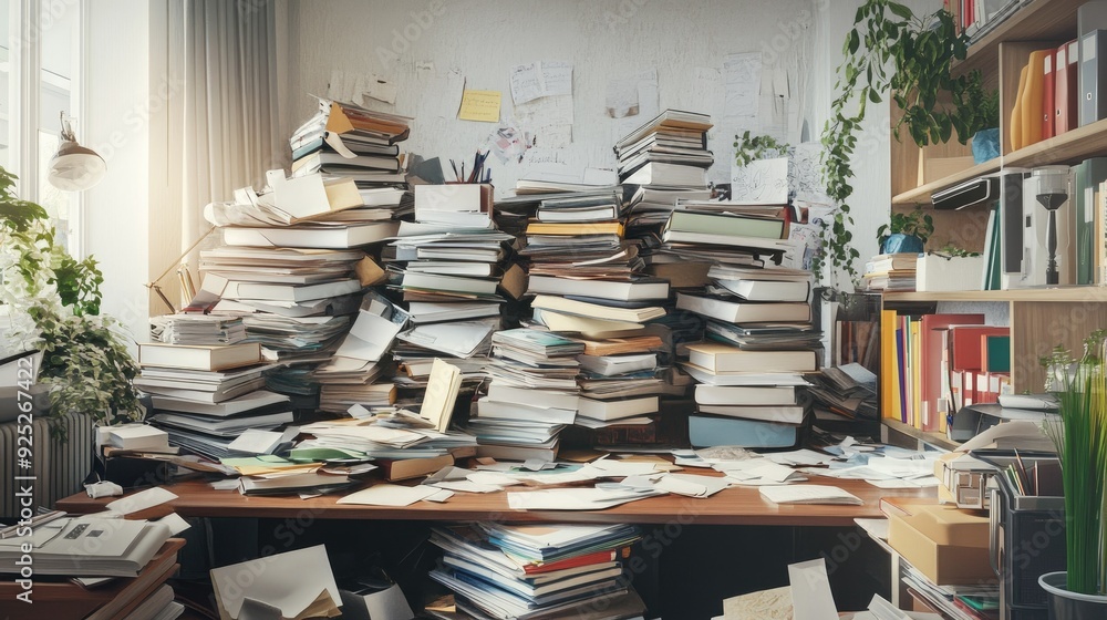 Aufkleber a chaotic office environment with stacks of papers and folders toppling off a crowded desk, cluttere