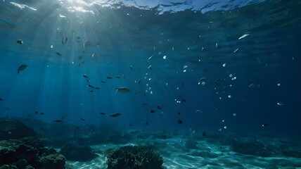 Fototapeta premium Underwater Sea Scene of coral reef, Sunlight shining undersea background 