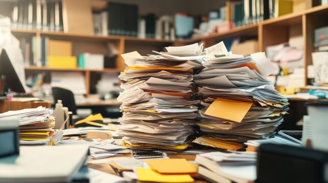 A chaotic office environment with stacks of papers and folders toppling off a crowded desk, cluttered workspace.