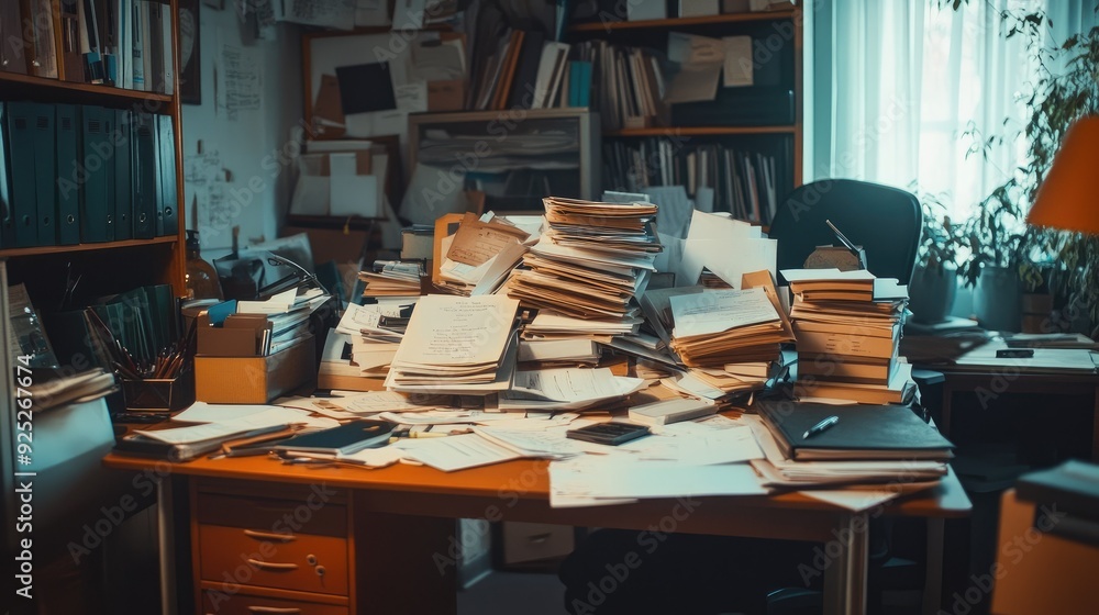 Aufkleber a cluttered office desk with papers and files spilling over the edges, creating a chaotic scene. ove