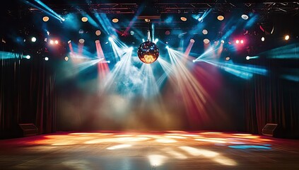 Stage lights shine on empty stage with disco ball.