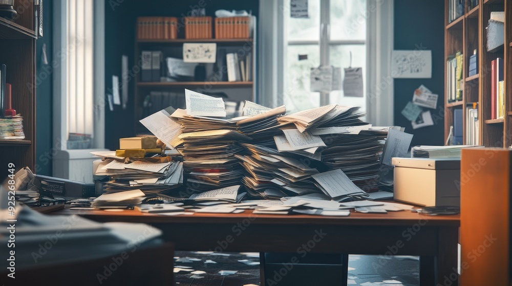 Aufkleber a desk in disarray, overwhelmed with piles of documents and folders spilling over the sides, creatin