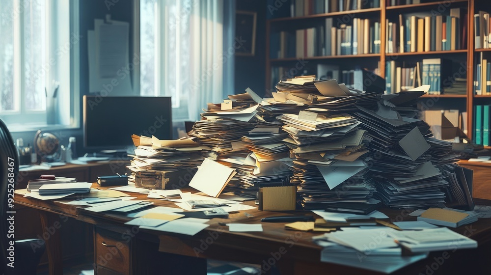 Aufkleber a desk in disarray, overwhelmed with piles of documents and folders spilling over the sides, creatin