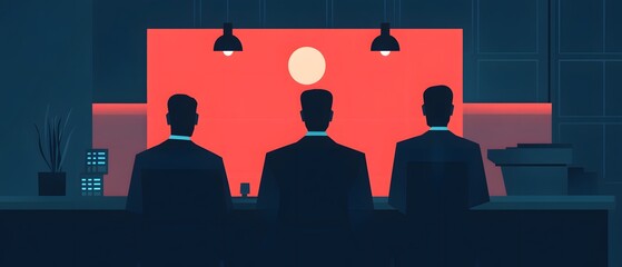 Three men in suits sit at a bar with a red wall behind them.