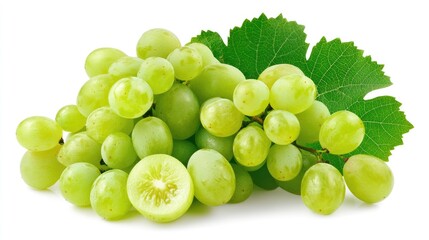 A fresh bunch of green grapes with half-sliced pieces, isolated on a white background, emphasizing their natural beauty and simplicity.