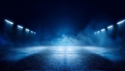 The dark stage shows, dark blue background, an empty dark scene, neon light, spotlights The asphalt floor and studio room with smoke float up the interior 