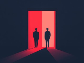 Two men stand in front of an open door with red light shining from inside.  A  symbol of opportunity and potential.