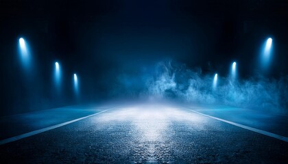 The dark stage shows, dark blue background, an empty dark scene, neon light, spotlights The asphalt floor and studio room with smoke float up the interior 