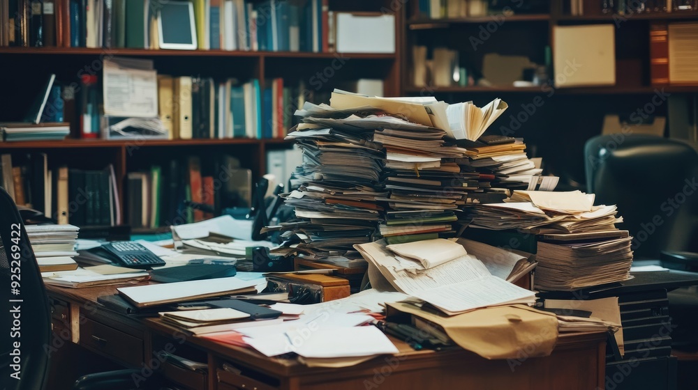 Poster a messy office desk piled high with documents and files, spilling over and creating a chaotic work e