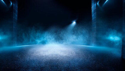 The dark stage shows, dark blue background, an empty dark scene, neon light, spotlights The asphalt...