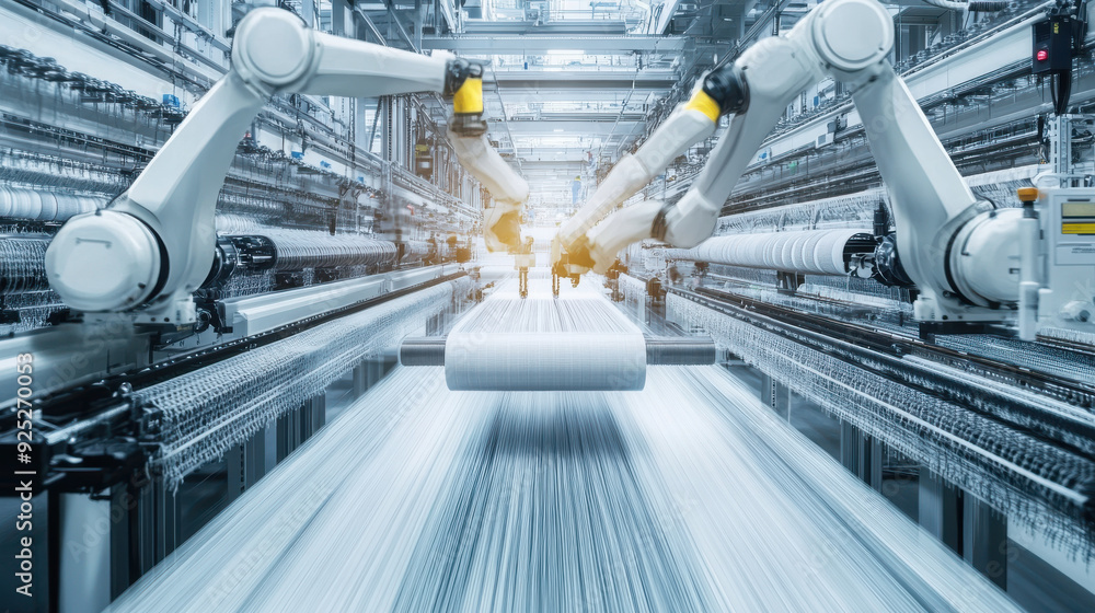 Poster high-tech textile manufacturing with robotic arms and automated weaving processes