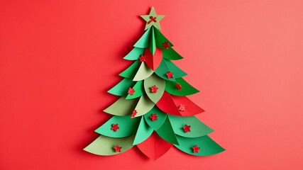 Paper christmas trees forming abstract design on red background