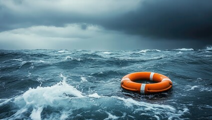 Obraz premium Life preserver floats in stormy sea.