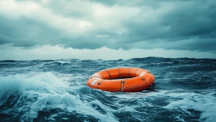 Orange life ring floats in stormy sea.