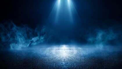 The dark stage shows, dark blue background, an empty dark scene, neon light, spotlights The asphalt...