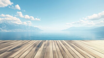 wooden deck extending towards a vast ocean, with mountains and coastline only visible on the...