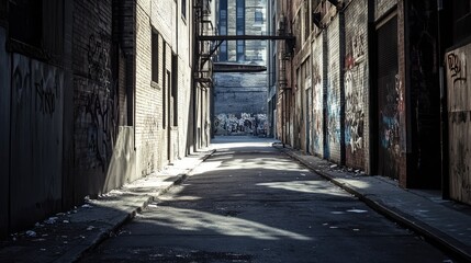 Fototapeta premium A shadowed alley with spray-painted political slogans, indicating unrest, with empty space for text.