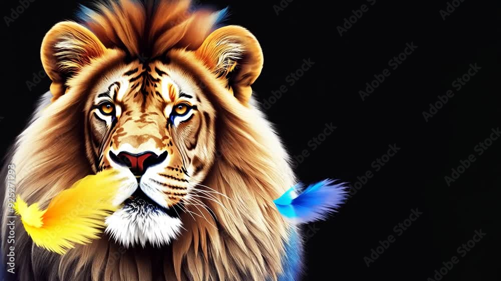 Poster vivid lion portrait with colorful feathers on a black background generative ai