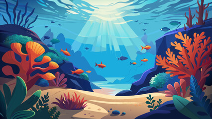 Fototapeta premium Underwater Sea Scene of coral reef, Sunlight shining undersea background 