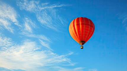 Fototapeta premium A solitary hot air balloon drifts across a wide-open sky, symbolizing freedom and adventure in an expansive blue canvas.