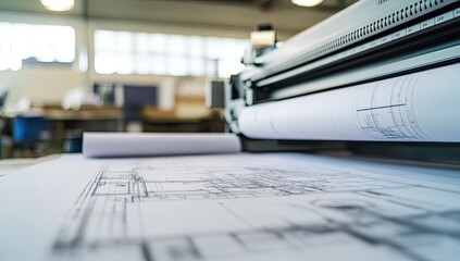 Large-format blueprints being printed on a plotter.