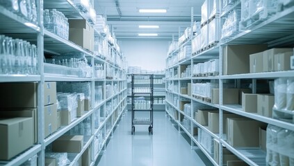 Fototapeta premium Warehouse with rows of shelves and boxes.