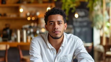 Fototapeta premium A young man wearing a white shirt sits in a cozy indoor cafe, looking directly at the camera with a slight smile.