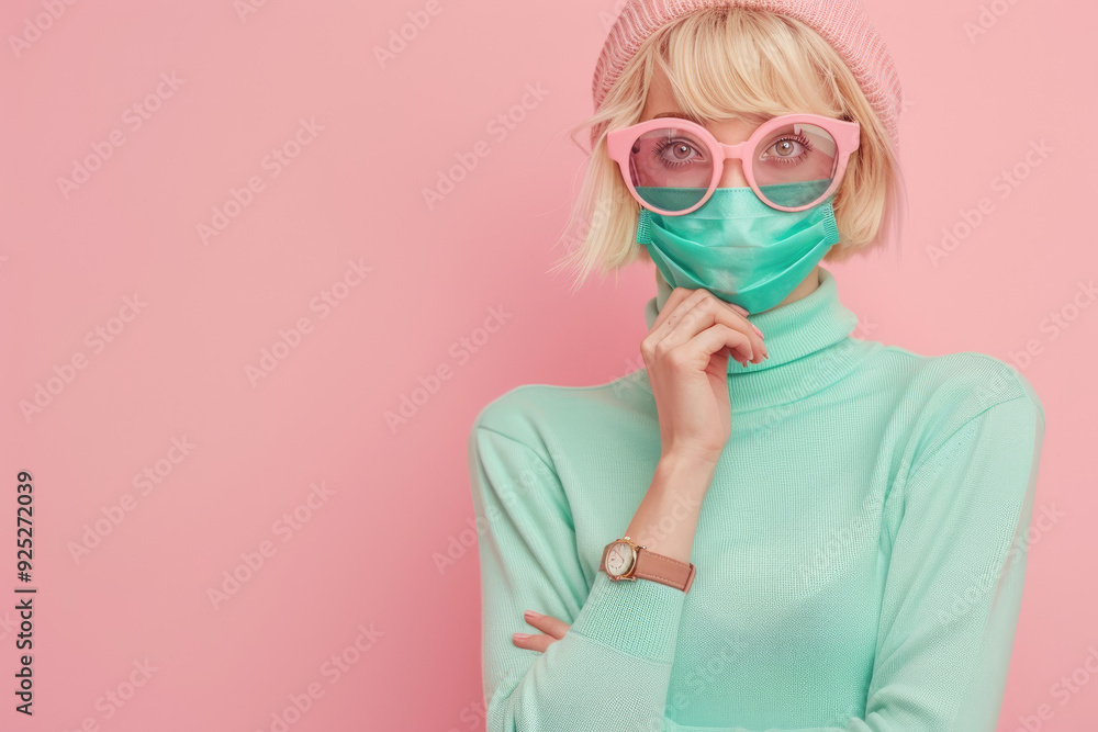 Poster an elegant woman with short blonde hair, wearing pink glasses and a green face mask covering her mouth and nose