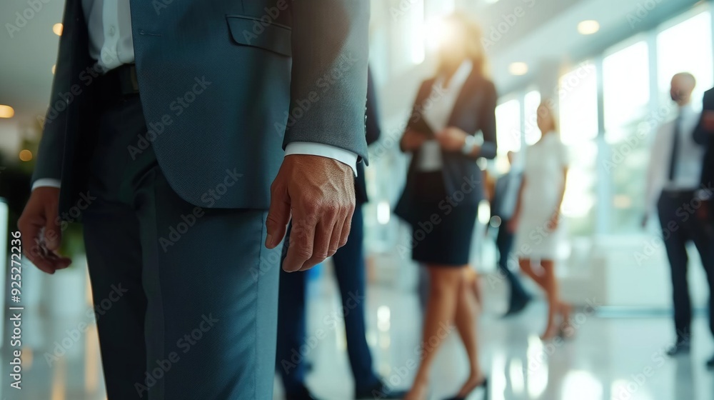 Poster a group of business professionals engages in discussions and networking within a spacious modern off
