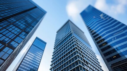 Obraz premium Tall skyscrapers tower overhead, showcasing modern architecture under a clear blue sky during the day in an energetic urban environment