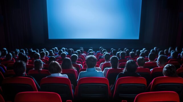 Viewers sit in red seats, captivated by the bright blue screen at a packed movie theater on a weekend night
