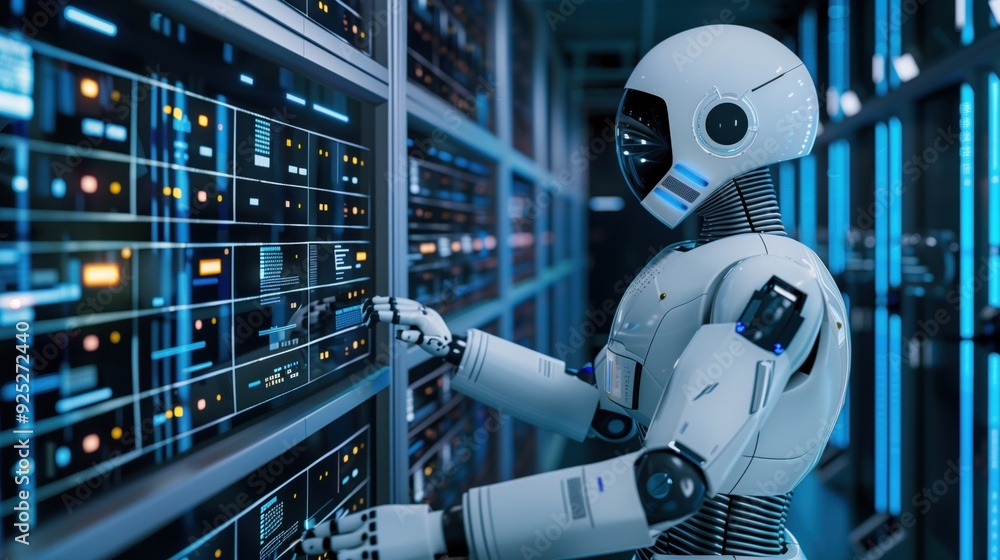 Poster a humanoid robot is actively engaging with a complex server network, analyzing data in a futuristic 