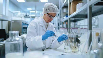 A scientist in a lab coat analyzes samples and conducts experiments with various glassware in a modern laboratory setting