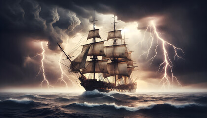 An ancient sailing ship in a stormy sea with thunder in the sky