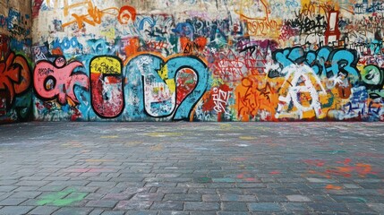 Fototapeta premium A wall of graffiti depicting political symbols, representing conflict, with a clear area for text.