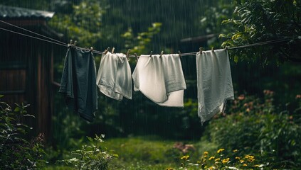 Clothes drying in the rain on a clothesline.