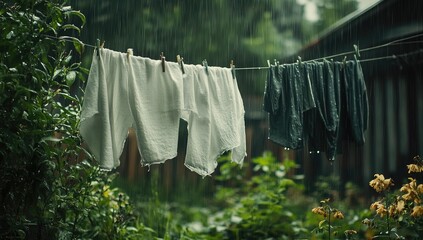 Clothes drying in the rain outside a house.