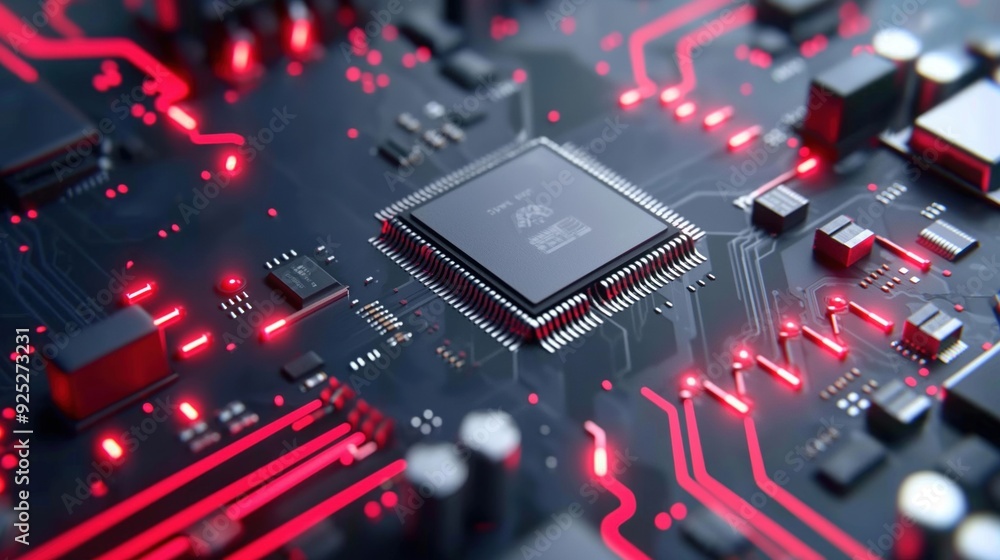 Poster an intricate circuit board showcases a central microchip surrounded by glowing red leds, reflecting 